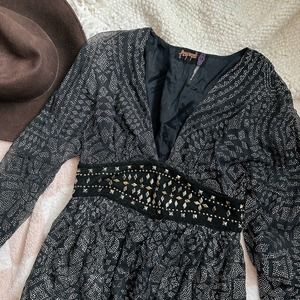 Free People low cut belted dress with silver detail and sheer sleeves, black